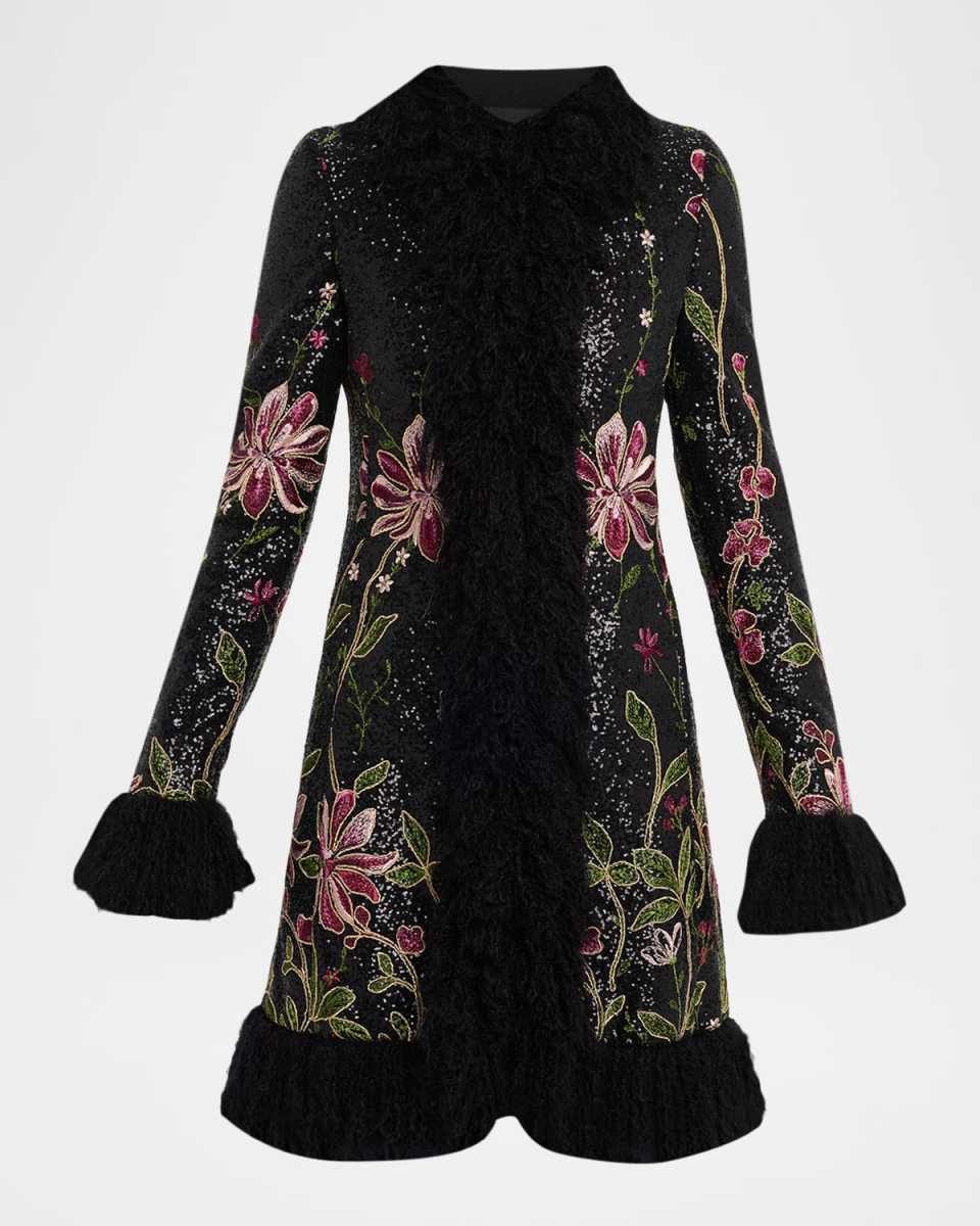 Sequin Embroidered Faux Fur Trim Coat